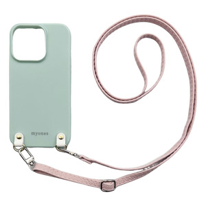 iPhone13（くすみグリーン/ピンク）PUレザー ソフトケース スマホショルダー 肩掛け 首かけ 斜めがけ かわいい 韓国
