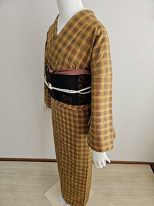 すずや■132正絹西陣花織紬袷　裄丈67cm 　山吹茶系