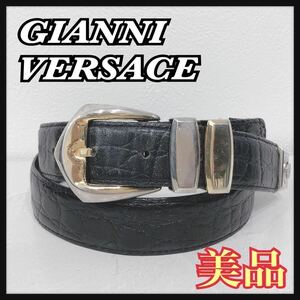 ☆美品☆ GIANNIVERSACE ジャンニヴェルサーチ ベルト レザーベルト ブラック 黒 ゴールド シルバー レザー 本革 メンズ 男性 送料無料