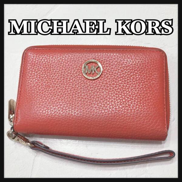 ☆MICHAELKORS☆ マイケルコース フォンケース 財布 ウォレット ラウンドファスナー ストラップ オレンジ レザー ロゴ レディース 送料無料