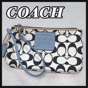 *COACH* Coach signature pouch accessory pouch white black light blue nylon strap lady's free shipping 