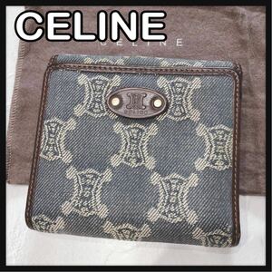 ☆CELINE☆ セリーヌ 折り財布 二つ折り財布 財布 ウォレット デニム ブルー 青 マカダム柄 レディース 収納袋 送料無料