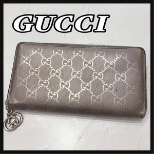 ☆GUCCI☆ グッチ 長財布 財布 ウォレット ブロンズ レザー GG柄 ラウンドファスナー チャーム メンズ レディース 男女兼用 送料無料