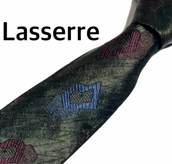 ネクタイメンズ Lasserre ラセール レトロ シルク 100% 日本製 モスグリーン 総柄 Paris 絹