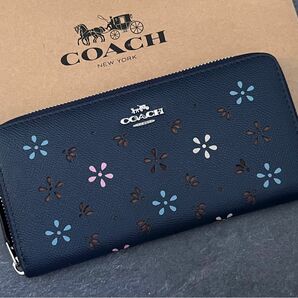 【新品】coach 財布 長財布 メンズ ネイビー ブラウン コーチ 花