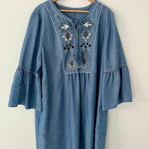レリアン　ワンピース　ロングチュニック　ブルー　刺繍