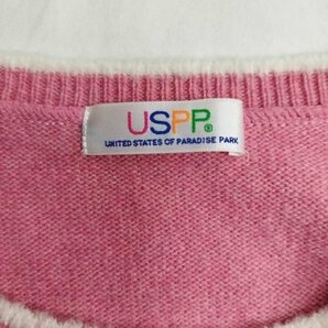 D344 USPP ユーエスピーピー クルーネック ニット セーター M ピンク ネコ シルエット ロゴ 刺繍 プルオーバー 古着 ウール 襟 袖口 切替の画像7