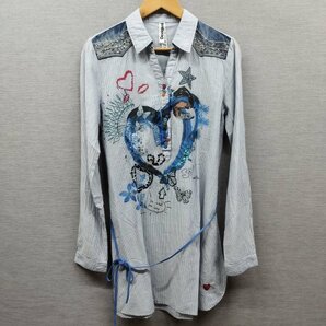 D406 DESIGUAL デシグアル デザイン シャツ ワンピース ハート ウエスタン ストライプ スパンコール レディース サイズ M 長袖 コットンの画像1