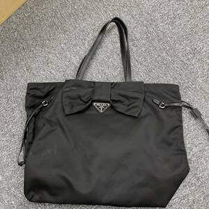 592.◎1円スタート◎PRADA プラダ ハンドバッグ リボン ナイロン生地 三角プレート 黒 ブラック レディース