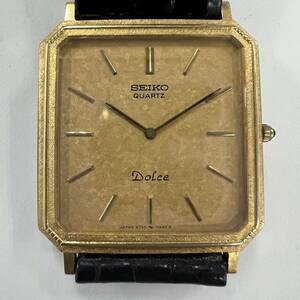 ★1円スタート★SEIKO セイコー Dolce ドルチェ スクエア メンズ 腕時計 6730-5160 クォーツ 不動 10K×SS ゴールド文字盤 レザーベルト