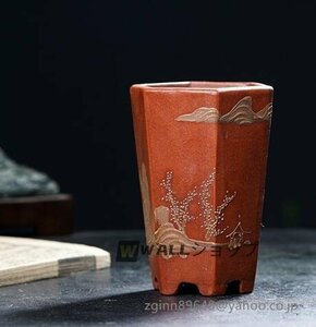 Art hand Auction Highly recommended ★ Handmade Handmade Purple Sand Purple Mud Flowerpot Square Pot Landscape Landscape Relief Purple Mud Painting Bonsai Pot Height 11.2* Width 8.7cm, bonsai, bonsai tools, pot