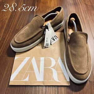 新品 ZARA 本革 パンチングレザースリッポン 28.5cm 44 SUEDE BEIGE メンズ ザラ レザー スニーカー シューズ スリッポン タグ付き