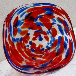 (☆BM)昭和レトロ マーブル ガラス 花器 フラワーベース 赤×青 トリコロールカラー ポットカバー 鉢入れ 金魚鉢 めだか鉢 水盤の画像2