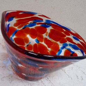 (☆BM)昭和レトロ マーブル ガラス 花器 フラワーベース 赤×青 トリコロールカラー ポットカバー 鉢入れ 金魚鉢 めだか鉢 水盤の画像1