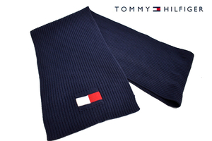 Q-1204★美品★TOMMY HILFIGER トミーヒルフィガー★正規品 大きなロゴ ネイビー紺色 コットン リブニット マフラー