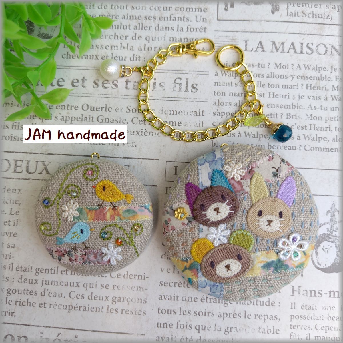 JAM Handmade Brooch Bag Charm Set of 2 Liberty Linen Clear Patch Stitch Hand Embroidery, handmade, Accessories (for women), others