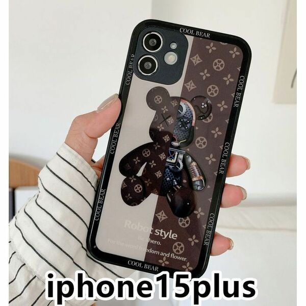 iphone15plusケース 熊　ガラス　お洒落　耐衝撃ブラウン151
