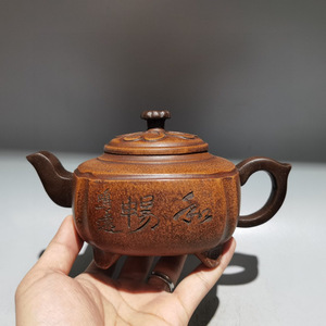 『清代・紫砂壺・四方壺・陳鳴遠・黄斷泥・茶具・茶道品』極細工 置物古賞物 中国古玩 中国古美術