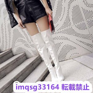  leather knee high boots ( white ) leather lady's pin heel 12cm large size .!27 28 29cm