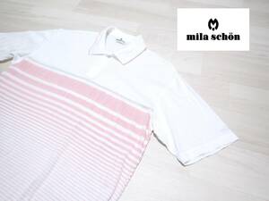 ☆mila schon SPORT　☆ミラショーン　☆日本製　☆スポーツウエア　☆透かしロゴ　☆半袖ポロシャツ　☆ホワイト×ピンク　☆メンズ　 　 