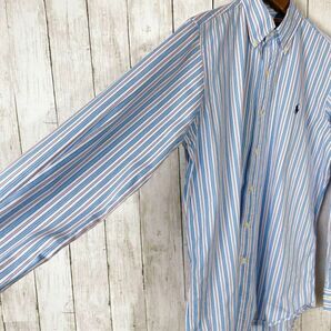 ラルフローレン 人気のブルー青ストライプ サイズＭ ＢＤ長袖シャツ メンズ 古着の画像6