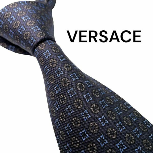 728.VERSACE ネクタイ シルク 小紋柄　総柄 ネイビー 高級感