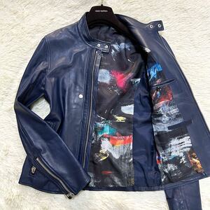 ●入手困難品 希少カラー ●ポールスミス PaulSmith レザージャケット ライダース ●裏地 総柄 ゴートレザー ネイビー 本革 レザー メンズ