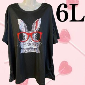 レディース 春 夏 Tシャツ 黒 6L 大きいサイズ うさぎ かわいい プリント ブラック 半袖