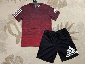 送料込み!!★新品★adidasアディダス★150★快適!★半袖グラデーションＴシャツ(レッド)・ビッグロゴハーフパンツ(黒)★上下