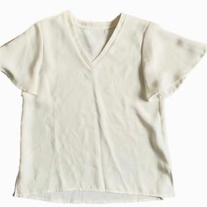 ラウンジドレス　Ｖネック　カットソー　フリル　オフホワイト Tシャツ プルオーバー 半袖　ブラウス　ドレープ