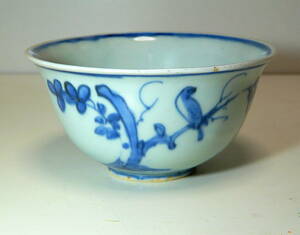  染付碗 青花碗 明 万暦年(1573〜1620年)頃 民窯 青花花鳥紋碗 1個 