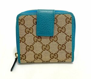 ☆美品　GUCCI　グッチ　ラウンドファスナー 財布　GGキャンバス × レザー　ベージュ × ブルー 系　346056 534563 コンパクト ウォレット