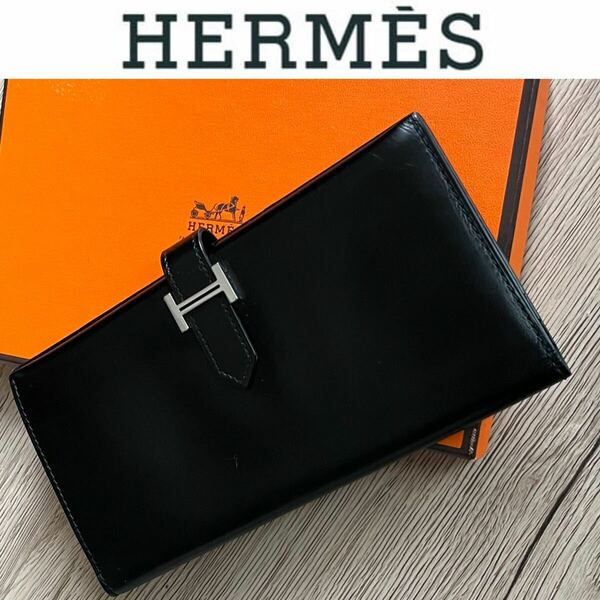 HERMES 長財布 エルメス ベアン ブラック レザー ウォレット ブラック系 