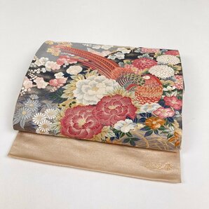 袋帯 となみ帯 純金箔 西陣織 金糸 刺繍 鳥 鴛鴦 花 流水 菊 梅 椿 牡丹 ベージュ 帯丈456cm 帯幅31cm y209-2610661【Y商品】和装 着物 19の画像1