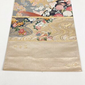 袋帯 となみ帯 純金箔 西陣織 金糸 刺繍 鳥 鴛鴦 花 流水 菊 梅 椿 牡丹 ベージュ 帯丈456cm 帯幅31cm y209-2610661【Y商品】和装 着物 19の画像2