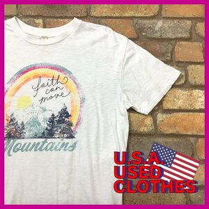 ME11-159★USA直輸入★状態良好★【Mountains】幸運の兆し ハロ 丸い虹Tシャツ【メンズ M】白 USA古着 アート プリント ホワイト アメカジ