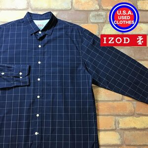 ME9-379★USA正規品★状態良好★【IZOD アイゾッド】チェック 長袖 コットン ポプリンシャツ【メンズ M】ネイビー 薄手 ゴルフ 古着