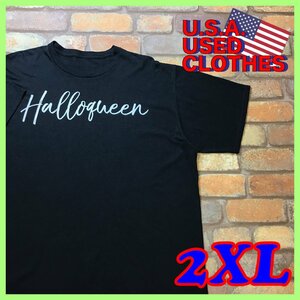 ME10-757★BIGサイズ!!★USA古着★ブラック【HALLOWEEN】テキストプリント 半袖 Tシャツ【メンズ XXL程度】薄手 ハロウィン イベント