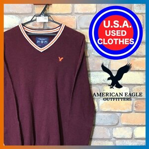 ME6-796★USA古着★良品★【AMERICAN EAGLE アメリカンイーグル】胸 刺繍ロゴ Vネック セーター【メンズ S】エンジ ニット 薄手 アメカジ