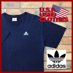 ME12-117★USA古着★格安★メキシコ製【ADIDAS アディダス】良フェード ワンポイント 胸刺繍ロゴTシャツ【メンズ L】ネイビー アメカジ OLD