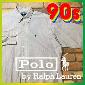 ME9-345★90’s★正規品★状態良好★【Polo by Ralph Lauren ポロラルフローレン】チェック 長袖 コットン ボタンダウンシャツ【メンズ L】