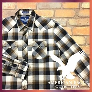 ME9-176★USA正規品★良品★【American Eagle アメリカンイーグル】チェック 長袖 コットン ウエスタンシャツ【メンズ M】茶系 薄手 古着