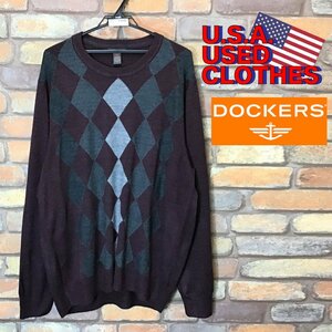 ME7-769★アメリカ買付商品★良品【DOCKERS ドッカーズ】Vネック アーガイルセーター【メンズ XL】ワインレッド ダイヤ柄 ニット ゴルフ