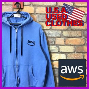 ME11-848★USA直輸入★訳あり 格安★【AWS re:Invent アマゾン】刺繍ロゴ ジップアップ スウェットパーカー【L】薄青 トレーナー USA古着