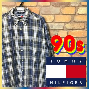 ME9-267★90's フラッグタグ★正規★良品【TOMMY HILFIGER トミーヒルフィガー】チェック 長袖 BDシャツ【メンズ L】青 古着 アメカジ