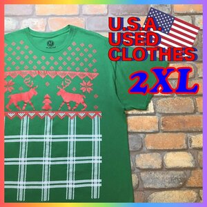 ME10-212★超BIGサイズ★USA古着★状態◎【Hybrid】クリスマス ホリデー Tシャツ【メンズ 2XL】グリーン ツリー トナカイ ノルディック