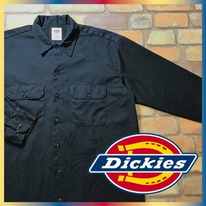 ME9-306★USA正規品★美USED品★【Dickies ディッキーズ】ポリコットン 長袖 オリジナル ワークシャツ【メンズ L】黒 バイク USA古着