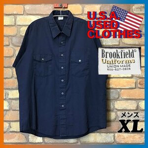 ME11-336★アメリカ買付商品★90’s VINTAGE【Brookfield】USA製 半袖ワークシャツ【メンズ XL】紺 大きいサイズ ヴィンテージ ユニオン