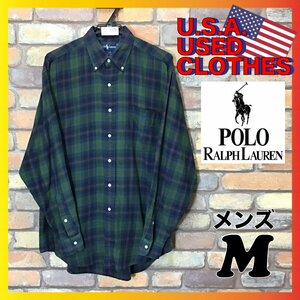 ME5-325★90’s 旧タグ★USA直輸入【Ralph Lauren ラルフローレン】刺繍ロゴ 長袖 BDシャツ【メンズ大きめ M】緑 赤 ネイビー ラルフシャツ