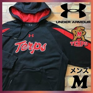 ME5-590★USA限定★良品【UNDER ARMOUR×USA カレッジ コラボ】リブ切替 豪華刺繍アップリケ 高品質 パーカー【メンズ M】黒 赤 スウェット